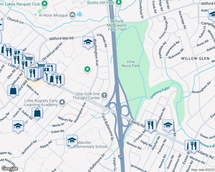 map of restaurants, bars, coffee shops, grocery stores, and more near 3628 Coronado Road in Milford Mill