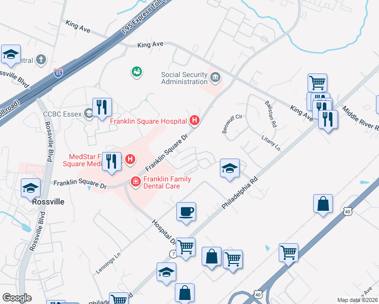 map of restaurants, bars, coffee shops, grocery stores, and more near 9104 Swiven Place in Rosedale