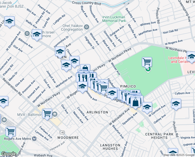 map of restaurants, bars, coffee shops, grocery stores, and more near 3405 West Rogers Avenue in Baltimore