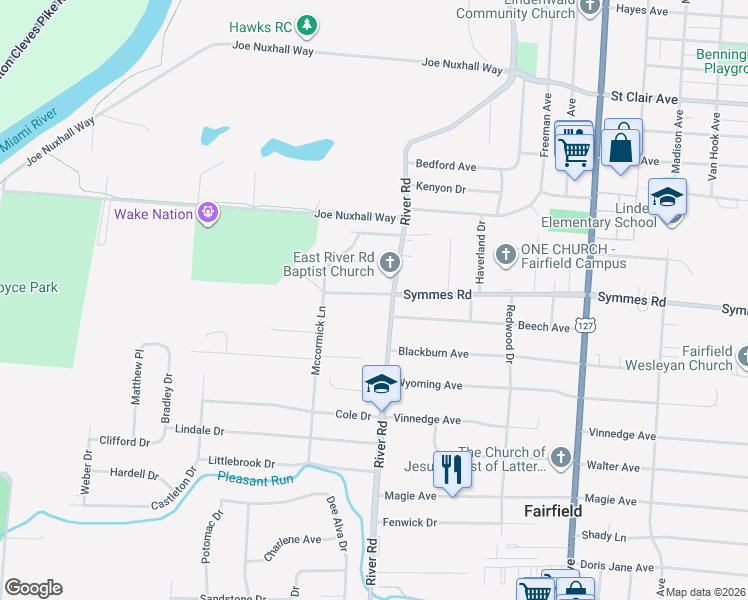map of restaurants, bars, coffee shops, grocery stores, and more near 277 Symmes Road in Fairfield