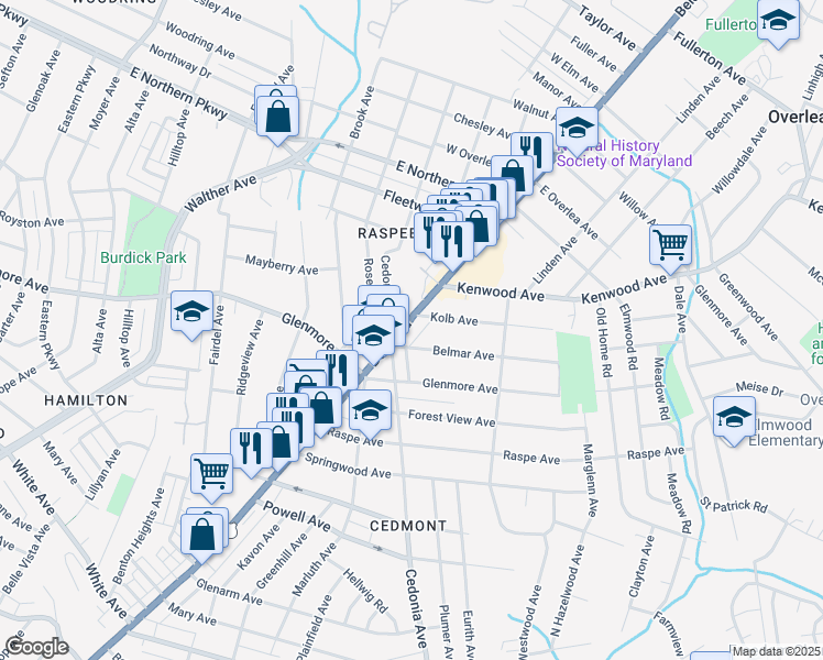 map of restaurants, bars, coffee shops, grocery stores, and more near 6411 Belair Road in Baltimore