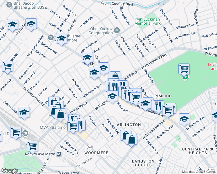 map of restaurants, bars, coffee shops, grocery stores, and more near Park Heights Ave & W Northern Pkwy in Baltimore