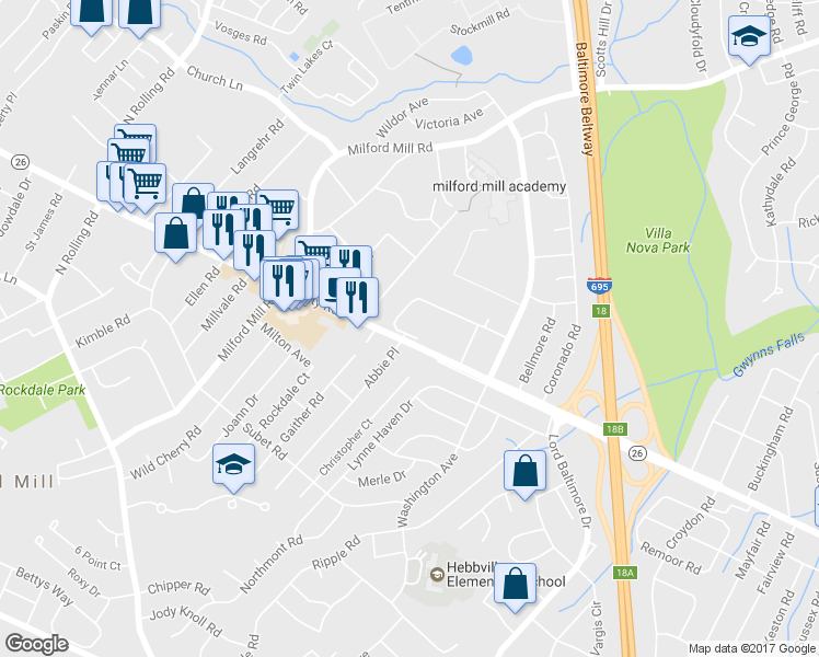 map of restaurants, bars, coffee shops, grocery stores, and more near 7940 Liberty Road in Milford Mill