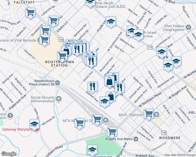 map of restaurants, bars, coffee shops, grocery stores, and more near 4100 Pinkney Road in Baltimore