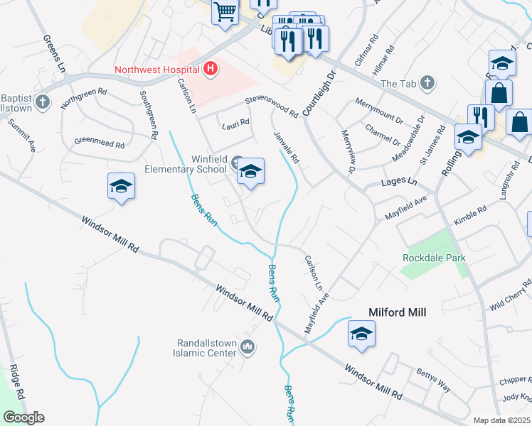 map of restaurants, bars, coffee shops, grocery stores, and more near 105 Village of Pine Court in Milford Mill