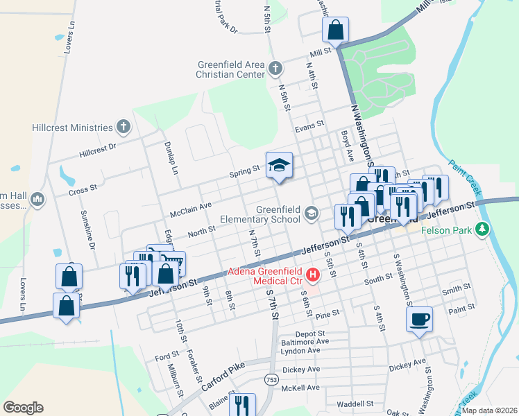 map of restaurants, bars, coffee shops, grocery stores, and more near 625 North Street in Greenfield