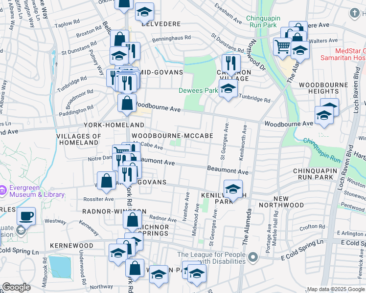 map of restaurants, bars, coffee shops, grocery stores, and more near 5200 Ivanhoe Avenue in Baltimore