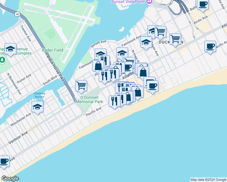 map of restaurants, bars, coffee shops, grocery stores, and more near 6 South Montpelier Avenue in Atlantic City