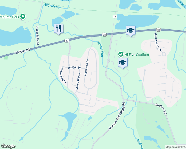 map of restaurants, bars, coffee shops, grocery stores, and more near 5598 Shetland Court in Morrow