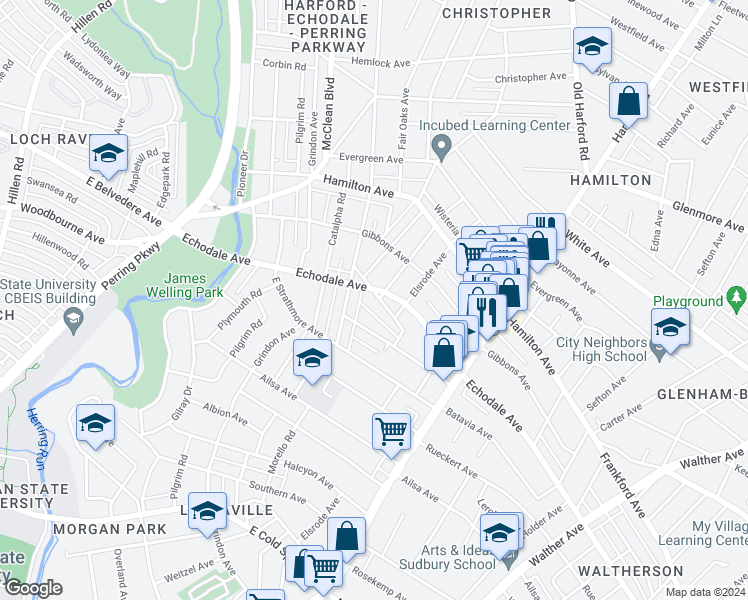 map of restaurants, bars, coffee shops, grocery stores, and more near 2607 Latona Road in Baltimore