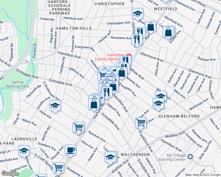 map of restaurants, bars, coffee shops, grocery stores, and more near 5502 Harford Road in Baltimore