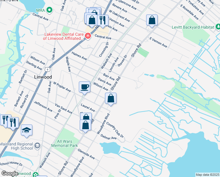 map of restaurants, bars, coffee shops, grocery stores, and more near 615 Shore Road in Linwood