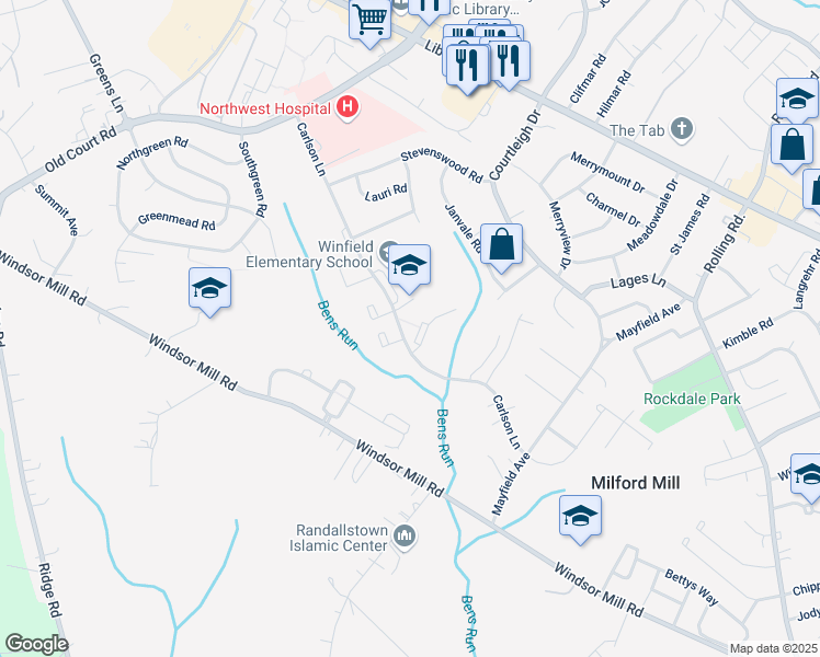 map of restaurants, bars, coffee shops, grocery stores, and more near 102 Village of Pine Court in Milford Mill