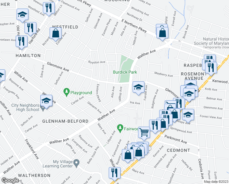 map of restaurants, bars, coffee shops, grocery stores, and more near 6029 Alta Avenue in Baltimore
