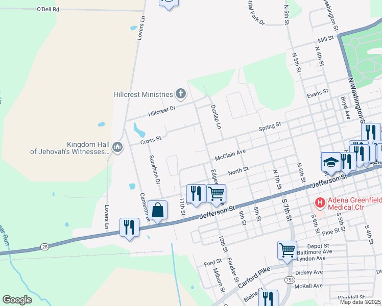map of restaurants, bars, coffee shops, grocery stores, and more near 1012 Spring Street in Greenfield