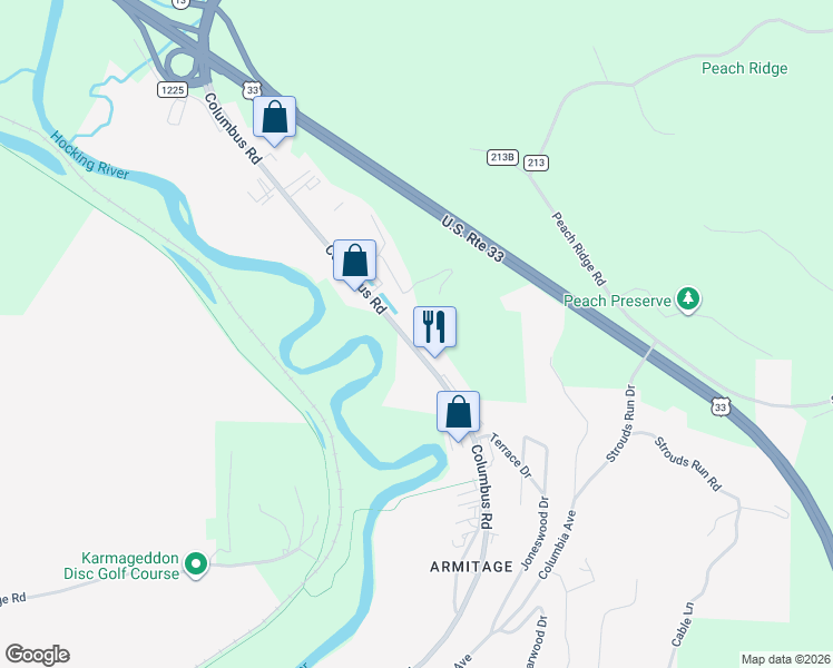 map of restaurants, bars, coffee shops, grocery stores, and more near 147 Columbus Road in Athens