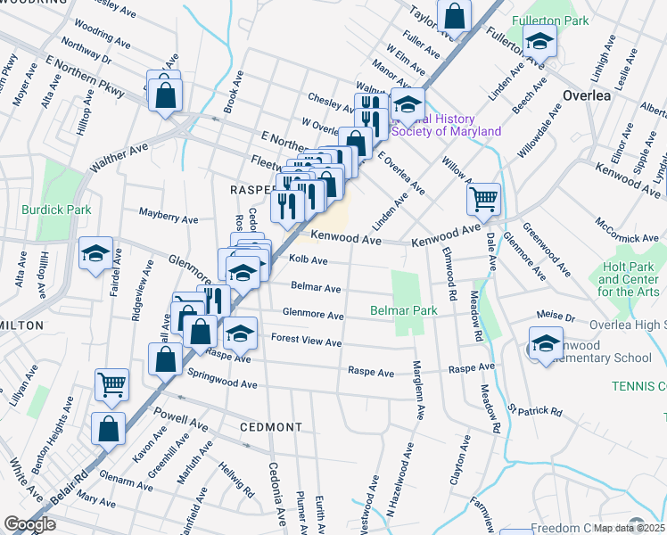 map of restaurants, bars, coffee shops, grocery stores, and more near 4221 Kolb Avenue in Baltimore