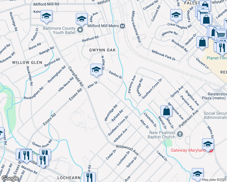 map of restaurants, bars, coffee shops, grocery stores, and more near 6903 Alter Street in Baltimore