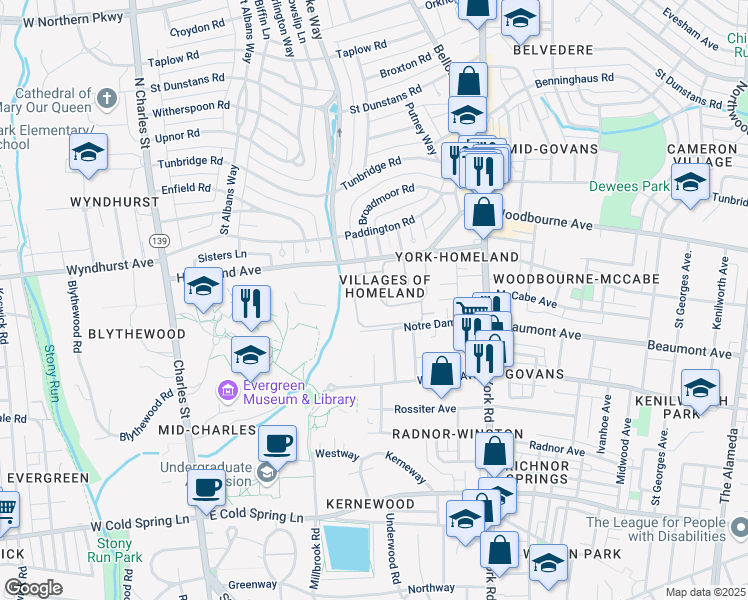 map of restaurants, bars, coffee shops, grocery stores, and more near 351 Homeland Southway in Baltimore