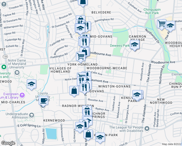 map of restaurants, bars, coffee shops, grocery stores, and more near 505 McCabe Avenue in Baltimore