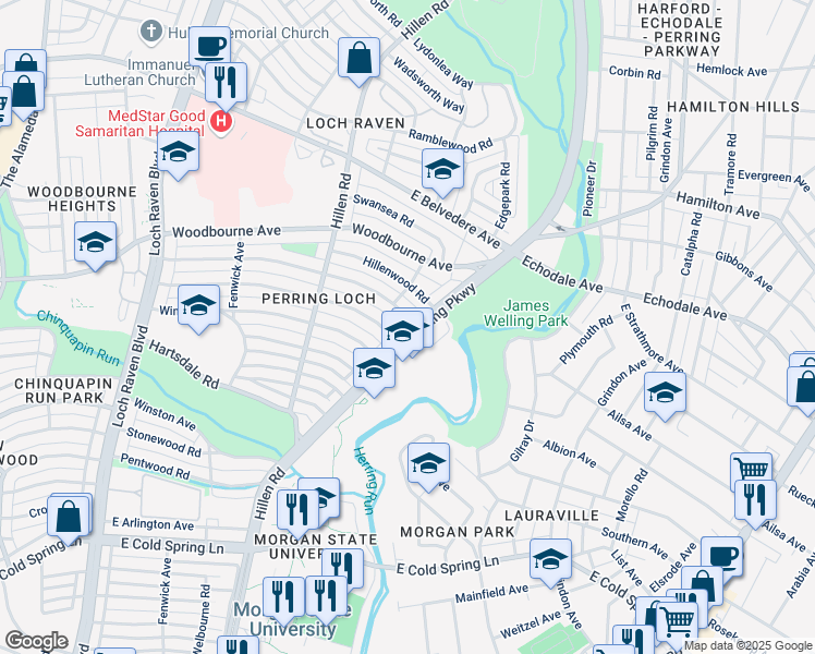 map of restaurants, bars, coffee shops, grocery stores, and more near 2023 Northbourne Road in Baltimore