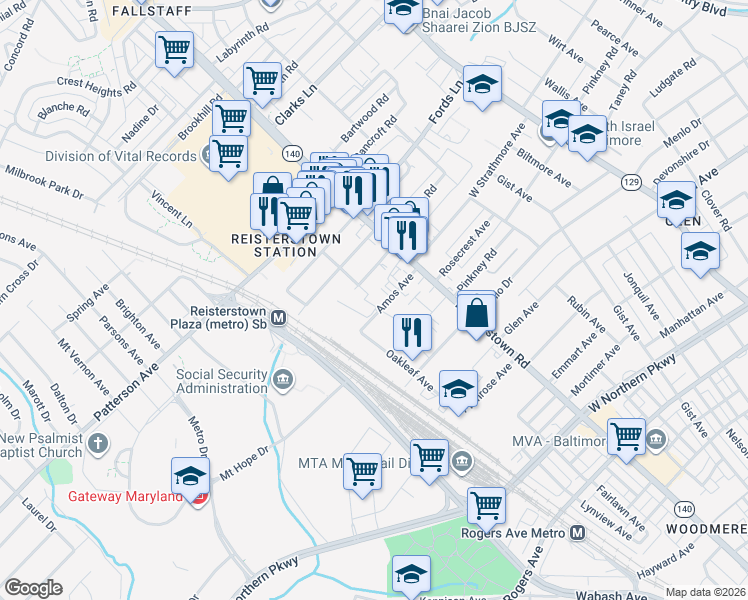 map of restaurants, bars, coffee shops, grocery stores, and more near 4130 Amos Avenue in Baltimore