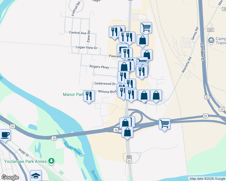 map of restaurants, bars, coffee shops, grocery stores, and more near 97 Winona Boulevard in Chillicothe