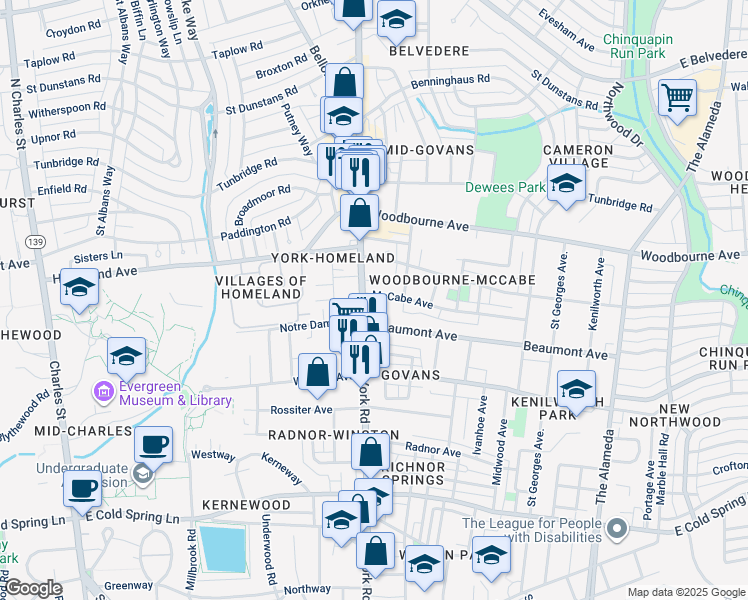 map of restaurants, bars, coffee shops, grocery stores, and more near 5209 York Road in Baltimore