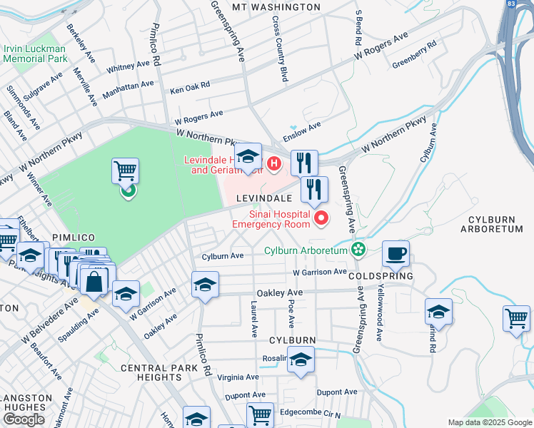 map of restaurants, bars, coffee shops, grocery stores, and more near 5115 Sunset Road in Baltimore