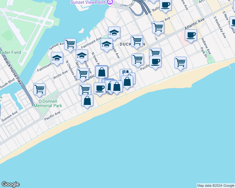 map of restaurants, bars, coffee shops, grocery stores, and more near 2719 Boardwalk in Atlantic City