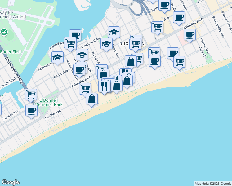 map of restaurants, bars, coffee shops, grocery stores, and more near 2719 Boardwalk in Atlantic City