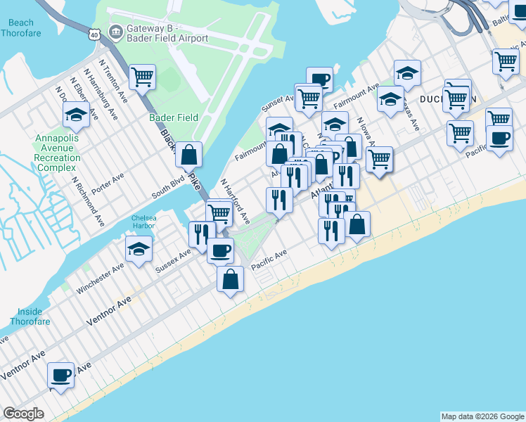 map of restaurants, bars, coffee shops, grocery stores, and more near 3419 Ventnor Avenue in Atlantic City