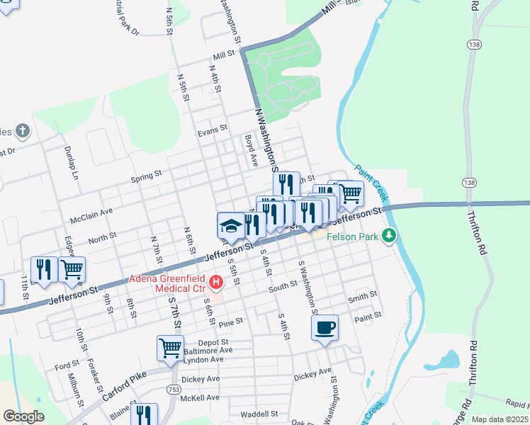 map of restaurants, bars, coffee shops, grocery stores, and more near 347 Lafayette Street in Greenfield