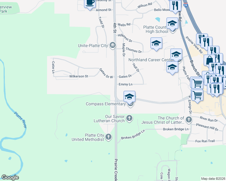 map of restaurants, bars, coffee shops, grocery stores, and more near 1924 4th Street in Platte City