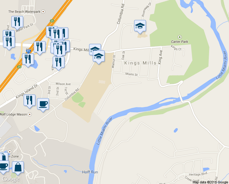 map of restaurants, bars, coffee shops, grocery stores, and more near 1913 Riverwood Trail in Kings Mills