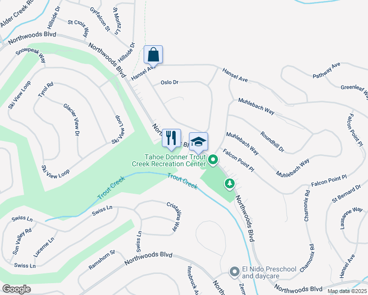 map of restaurants, bars, coffee shops, grocery stores, and more near 12796 Northwoods Boulevard in Truckee