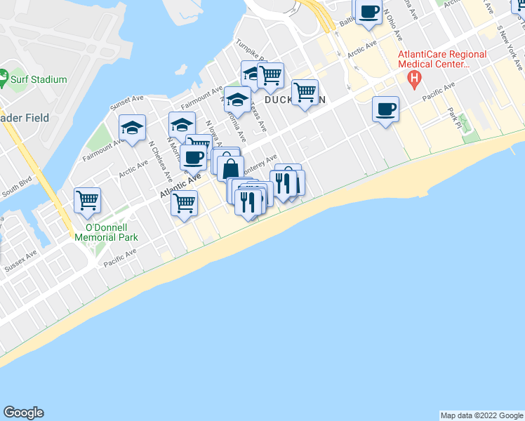 map of restaurants, bars, coffee shops, grocery stores, and more near 2719 Boardwalk in Atlantic City