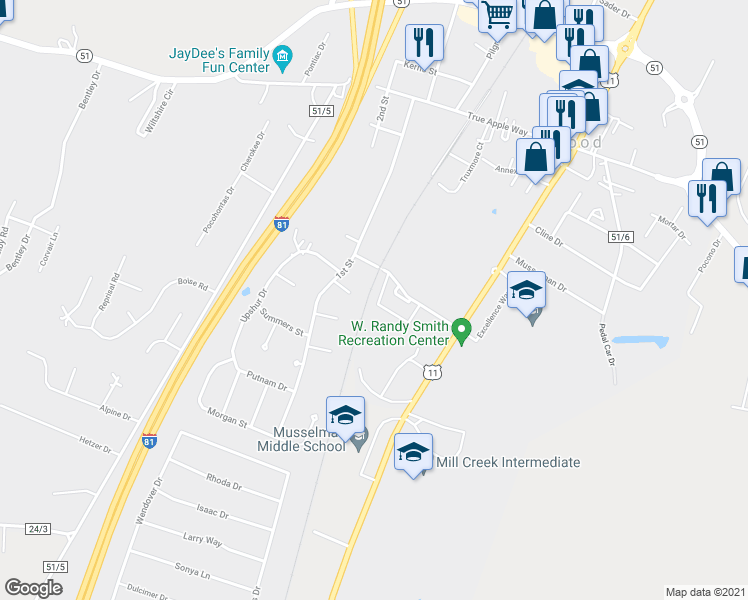 map of restaurants, bars, coffee shops, grocery stores, and more near 56 Stadium Circle in Inwood