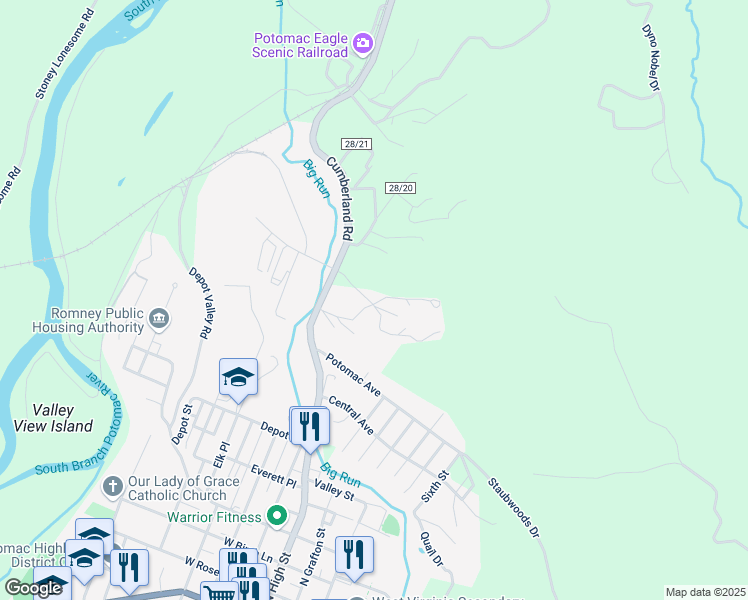 map of restaurants, bars, coffee shops, grocery stores, and more near 8 North Black Hills Extension in Romney
