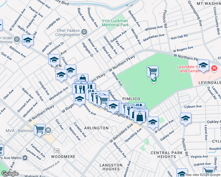 map of restaurants, bars, coffee shops, grocery stores, and more near 3317 Ingleside Ave in Baltimore