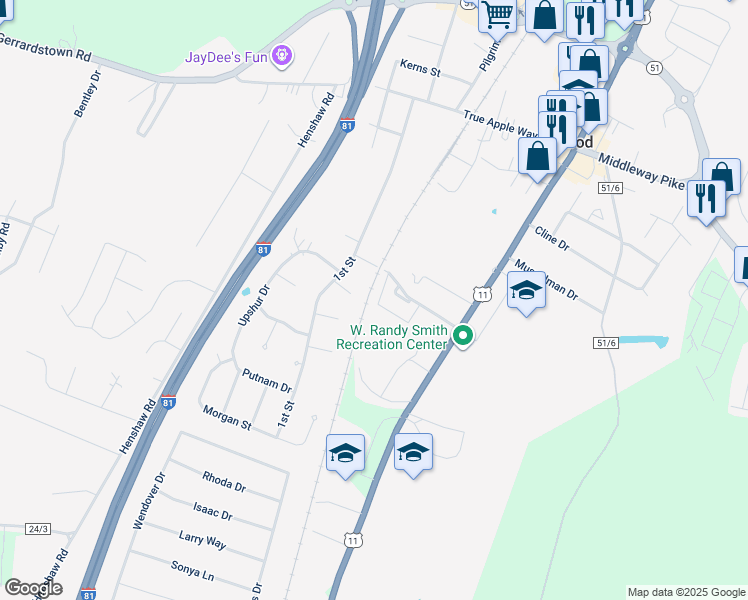 map of restaurants, bars, coffee shops, grocery stores, and more near 56 Stadium Circle in Inwood