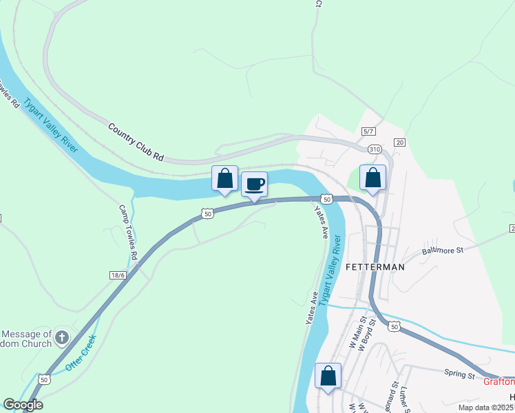map of restaurants, bars, coffee shops, grocery stores, and more near 72 Pruntytown Pike in Grafton