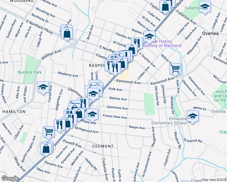 map of restaurants, bars, coffee shops, grocery stores, and more near 4207 Kolb Avenue in Baltimore