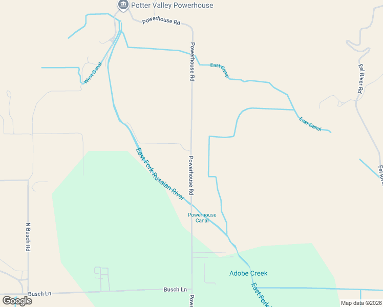 map of restaurants, bars, coffee shops, grocery stores, and more near 14130 Powerhouse Road in Potter Valley