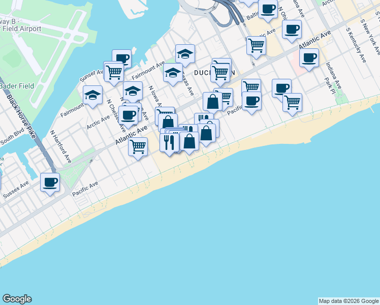 map of restaurants, bars, coffee shops, grocery stores, and more near 2719 Boardwalk in Atlantic City