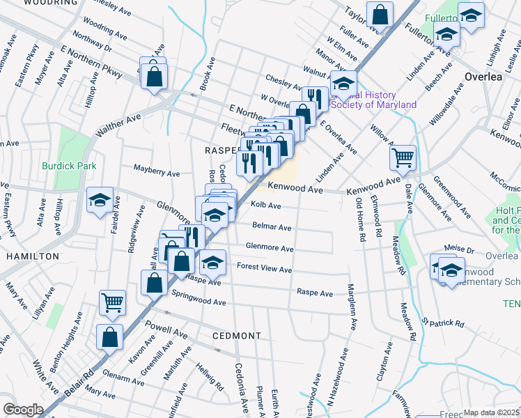 map of restaurants, bars, coffee shops, grocery stores, and more near 4207 Kolb Avenue in Baltimore