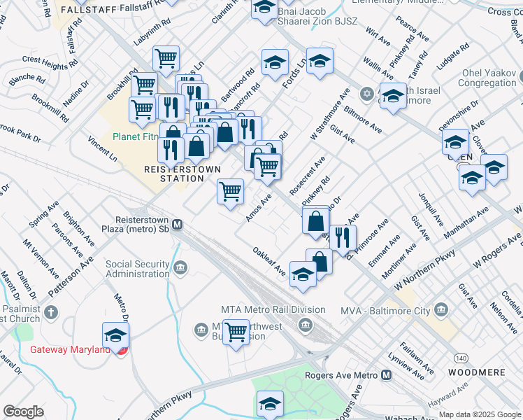 map of restaurants, bars, coffee shops, grocery stores, and more near 4109 Amos Avenue in Baltimore