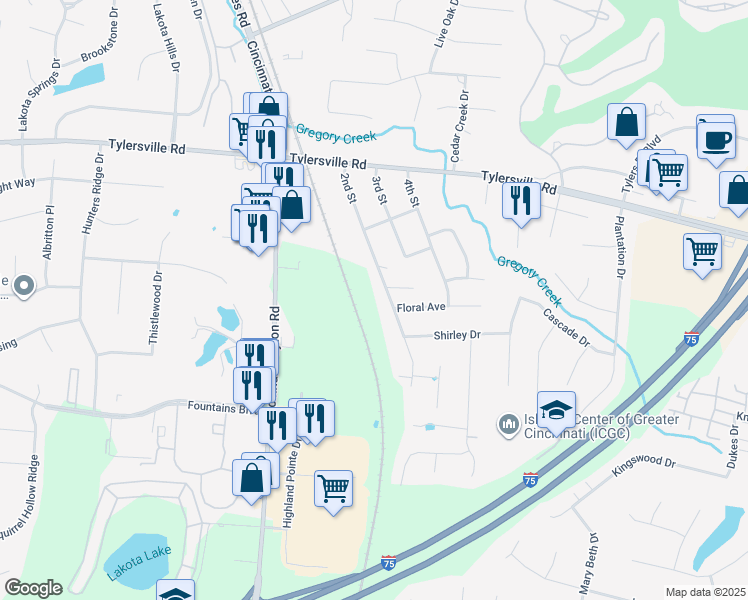 map of restaurants, bars, coffee shops, grocery stores, and more near 7961 2nd Street in Butler County