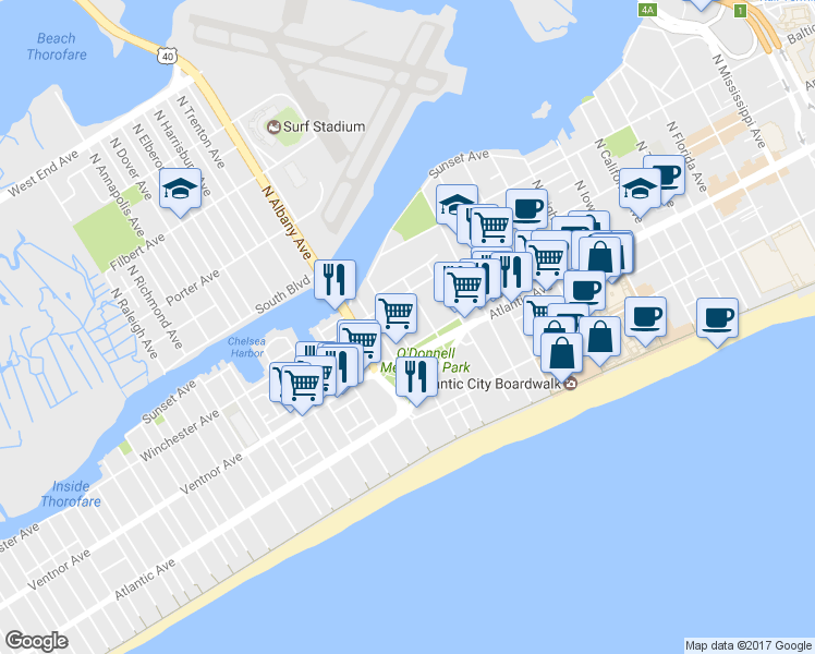 map of restaurants, bars, coffee shops, grocery stores, and more near 3 North Hartford Avenue in Atlantic City