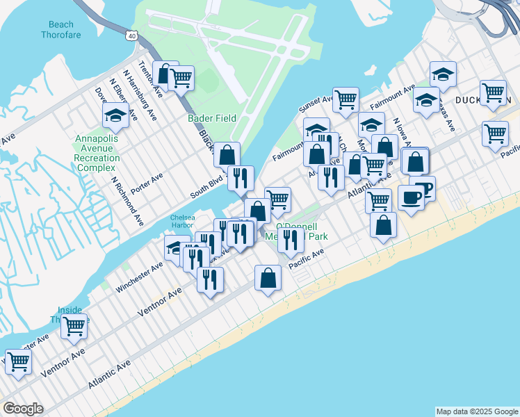 map of restaurants, bars, coffee shops, grocery stores, and more near 37 North Albany Avenue in Atlantic City